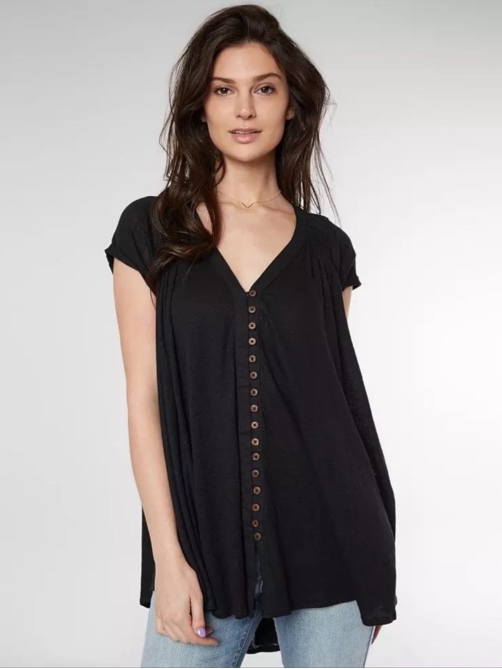 Free People Highland Linen Blend Button Front Tunic Top Black Boho Whimsygoth M